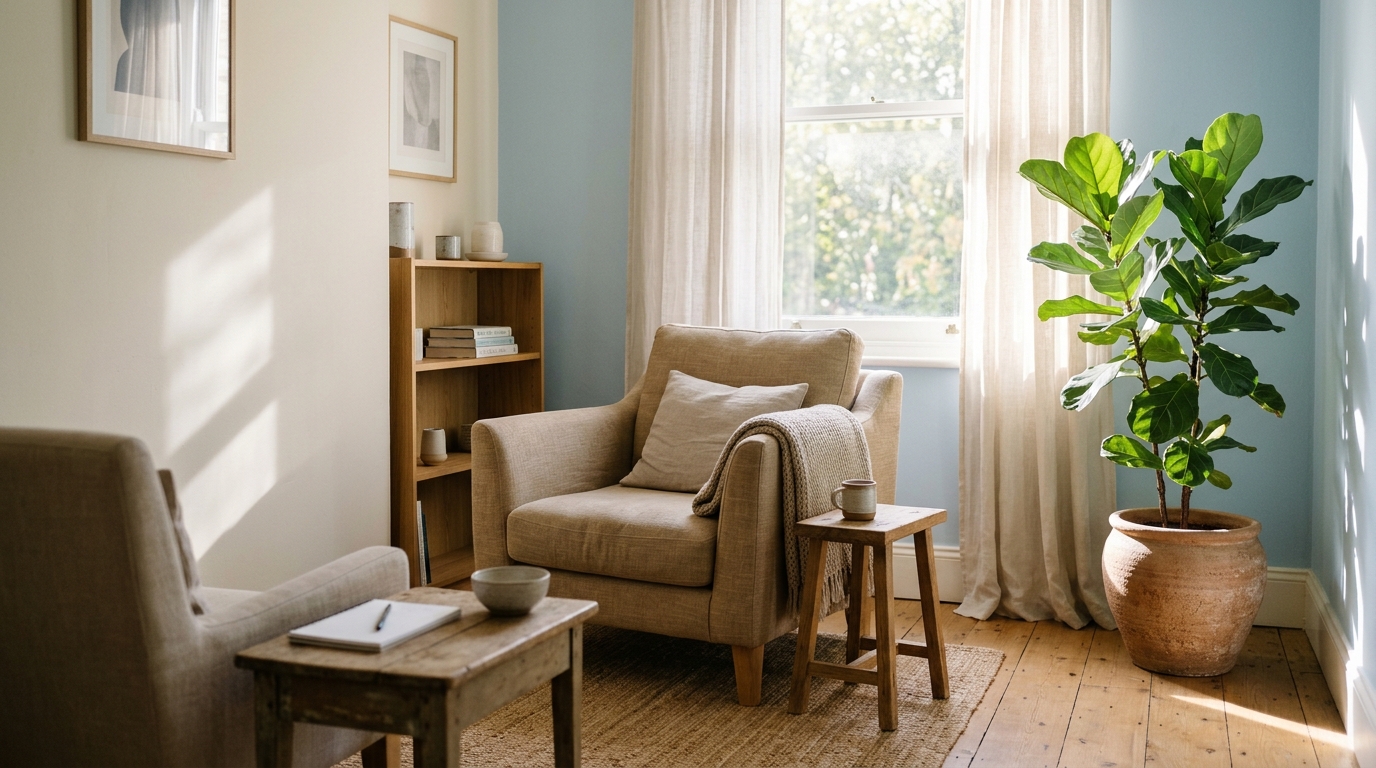 Quiet, sunlit psychotherapy consulting room in Erode with morning light, linen curtains and plants