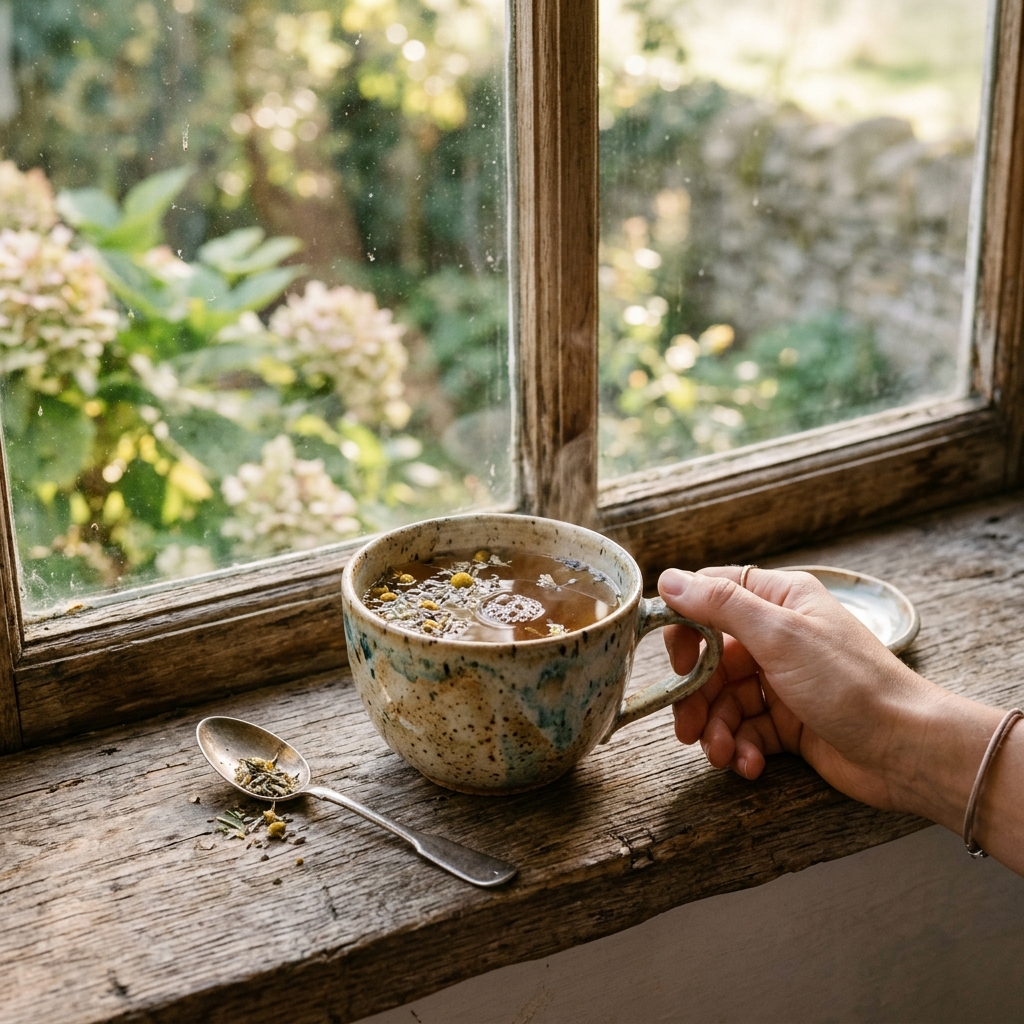 Herbal tea cup by a sunlit window